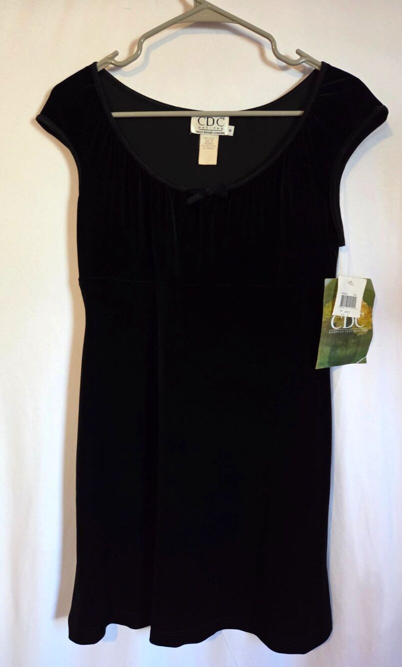 CDC Petites Black Velvet Dress Size 8 Y2K Cap Sleeve Stretch Holiday Party NWT
